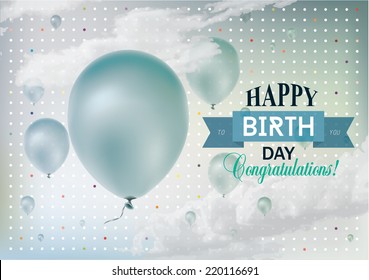 Realistic colorful Birthday greeting card with balloons and confetti.