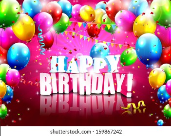 Realistic colorful Birthday poster with balloons and 3D text - vector background