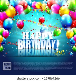Realistic colorful Birthday poster with balloons and 3D text - vector background with copyspace