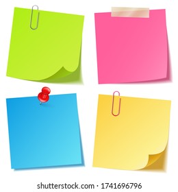 Realistic colorful blank sticky notes with clip binder. Colored sheets of note papers. Paper reminder. Vector illustration.