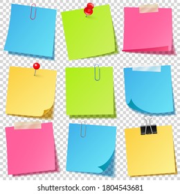 Realistic colorful blank sticky notes with clip binder. Colored sheets of note papers. Paper reminder. Vector illustration.