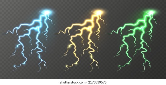 Rayos realistas de color azul, amarillo y verde. Tormenta eléctrica y rayo. Brotes de luz. Efecto meteorológico tormentoso. Ilustración del vector