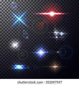 Realistic colorful bright lens flares beams and flashes on transparent backdrop. Design elements, decorative effects for your projects on isolated background. Vector illustration