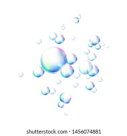 Realistic colorful bubbles. Soapy foam bubbles for bath and hygiene product design. Vector rainbow spheres, shampoo glossy bubbles.