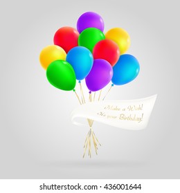 Realistic colorful bunch of balloons with a banner with space for messages. For Party and Celebrations. Isolated from the background.