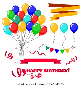  Realistic Colorful Bunch of Birthday Balloons Flying for Party and Celebrations With Space for Message Isolated in White Background. Vector Illustration. Balloons isolated on white background.
