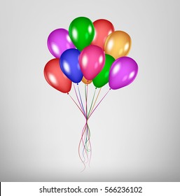 Realistic Colorful Bunch of Birthday Balloons Flying for Party and Celebrations isolated. Multicolored Helium Balloons.