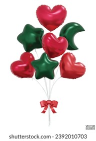 Realistic Colorful Bunch of Heart, star, moon shaped balloons with red ribbons. Bouquets of balloons Flying for Party, card, decor, Christmas, Celebrations. 3D Vector Illustration.