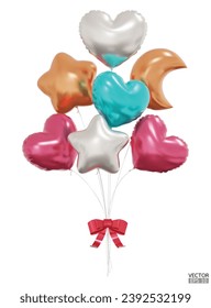 Realistic colorful Bunch of Heart, star, moon shaped balloons with red ribbons. Bouquets of balloons Flying for Party, card, decor, Christmas, Celebrations. 3D Vector Illustration.