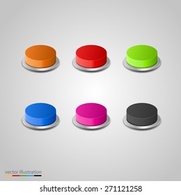 Realistic colorful button set on white background. Vector illustration