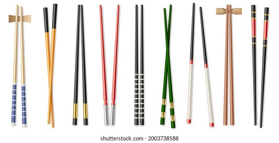 Realistic colorful chopsticks set isolated on white background. Asian food chop sticks, wooden bamboo utensils dinnerware. 3d vector illustration