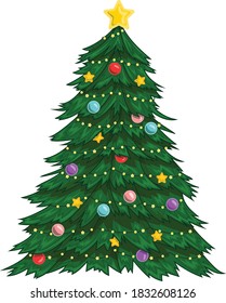 Realistic colorful Christmas New Year winter tree with decorations template. Bright holiday cartoon vector illustration for games, background, pattern, decor. Print for fabrics and other surfaces.
