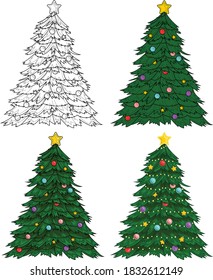 Realistic colorful Christmas New Year winter tree with decorations template set. Bright holiday cartoon vector illustration in color and black and white for games, pattern, decor. Coloring paper, page