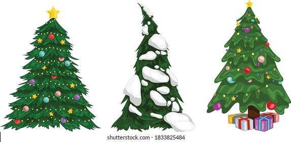 Realistic colorful Christmas New Year winter tree with decorations, presents and snow template set. Bright holiday cartoon vector illustration for games, background, pattern, decor. Print for fabrics