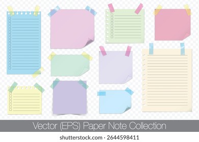 Notas de papel limpo colorido realista com bordas enroladas e dobradas, anexadas com fita adesiva transparente. Notas coloridas de vetor (EPS) com campos vazios isolados no plano de fundo transparente
