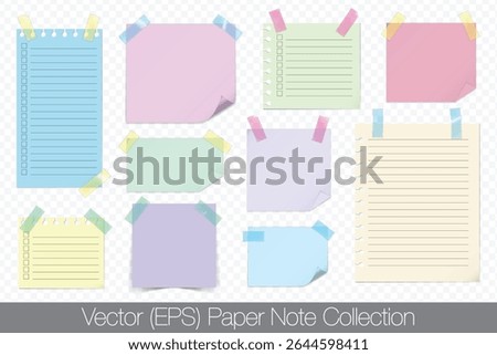 Realistic colorful clean paper notes with coiled and folded edges, attached with transparent adhesive tape. Vector (EPS) colorful notes with empty fields isolated on transparent background