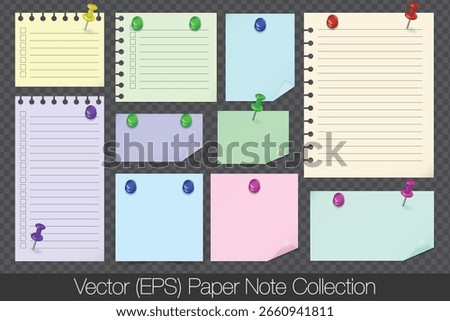 Realistic colorful clean paper notes with coiled and folded edges, attached with colorful push pins. Vector (EPS) colorful notes with empty fields isolated on transparent background