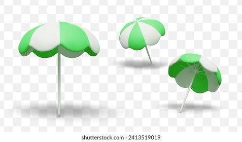 Realistic colorful collection of beach umbrellas in green and white colors. Products for relaxation near sea on beach. Vector illustration in 3d style with shadow