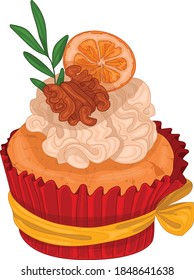 Realistic colorful cupcake with cream, walnut and orange template. Bright Christmas cartoon food vector illustration for games, background, pattern, decor. Print for fabrics and other surfaces. 