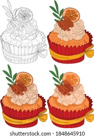 Realistic colorful cupcake with cream, walnut and orange sketch template set. Bright Christmas cartoon food vector illustration in color and black and white for games, pattern. Coloring paper, page