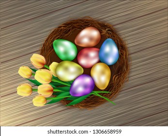 Realistic colorful easter eggs in basket with tulip flowers on wooden texture background.