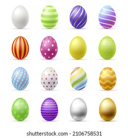 Realistic colorful easter eggs decorated by design elements set vector illustration. Bright painted ornamental religious holiday symbol 3d template collection. Cute rainbow, stripes, star decor