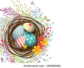 Huevos de Pascua coloridos y realistas en el nido decorados con flores de fondo blanco para la celebración de Pascua.