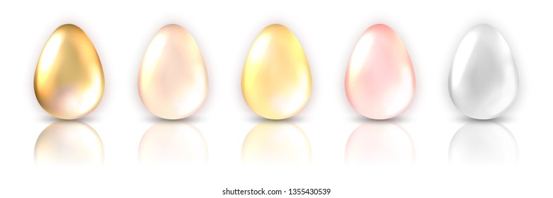 Realistic colorful egg set with reflection. Gold, pink, silver color. Template for a card, banner, poster, invitation. Vector illustration for your design