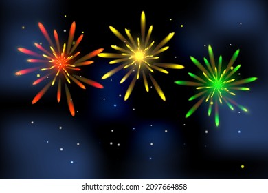 Realistic colorful fireworks of red, yellow, green colors on the background of the starry sky. Holiday concept