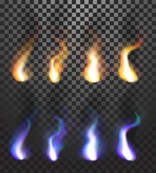 Realistic Colorful Flames With Tongues Of Flame, Ashes And Soot Isolated On Transparent Background. Can Be Used In Flyers Banners Or Web. Vector Illustration. EPS 10.