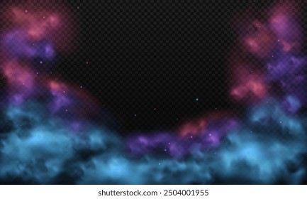 Realistic colorful fog or smoke texture isolated on transparent background. Red, purple and blue mist clouds with light particles, vapor in air effect.