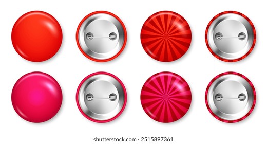 Realistic colorful funky badges. Sunburst effect. Glossy 3D round button. Pin badge, brooch mockup for product promotion and advertising. Vector illustration