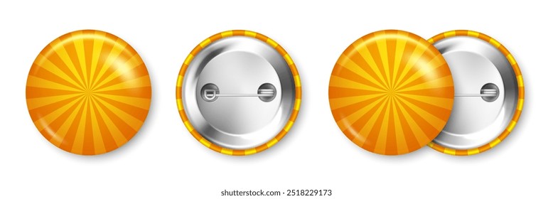 Realistic colorful funky badges. Sunburst effect. Glossy 3D round button. Pin badge, brooch mockup for product promotion and advertising. Vector illustration