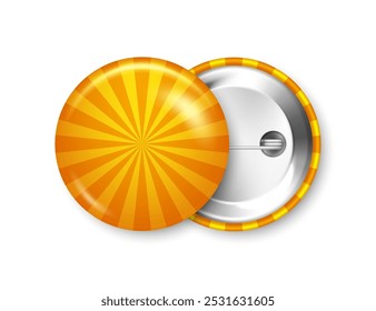 Insignias funky coloridas y realistas. Efecto Sunburst. Botón redondo 3D brillante. Insignia del Pin, maqueta del broche para la promoción y la publicidad del producto. Ilustración vectorial