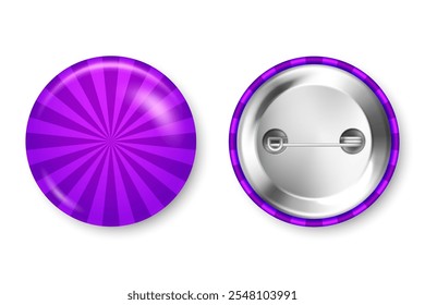 Realistic colorful funky badges. Sunburst effect. Glossy 3D round button. Pin badge, brooch mockup for product promotion and advertising. Vector illustration