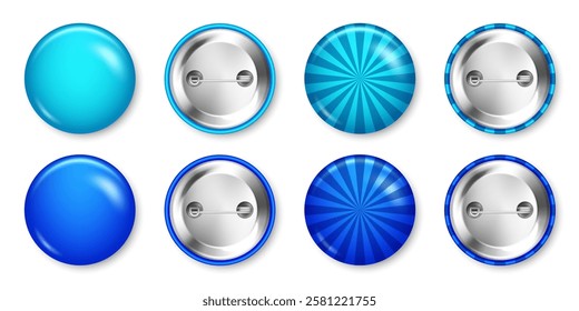 Realistic colorful funky badges. Sunburst effect. Glossy 3D round button. Pin badge, brooch mockup for product promotion and advertising. Vector illustration