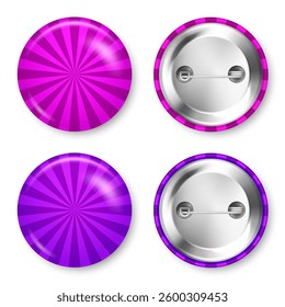 Realistic colorful funky badges. Sunburst effect. Glossy 3D round button. Pin badge, brooch mockup for product promotion and advertising. Vector illustration