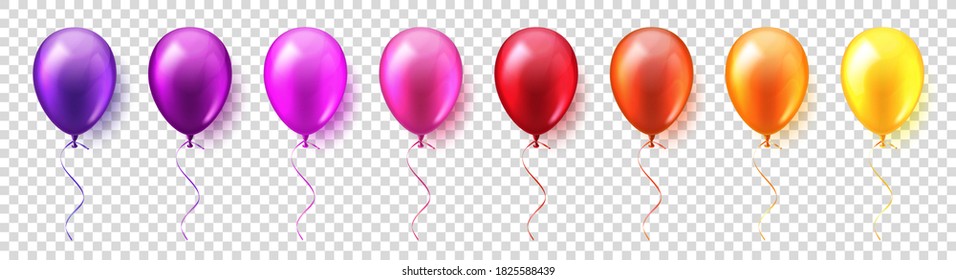 Realistic colorful glossy flying air balloons set. Birthday party. Ribbon. Celebration. Wedding or anniversary.Vector Illustration.