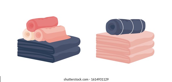 Realistic colorful hand and bath fabric towels rolled isolated on white background. Clean pastel hygiene cotton wiper vector illustration. Bathroom colourful textile.