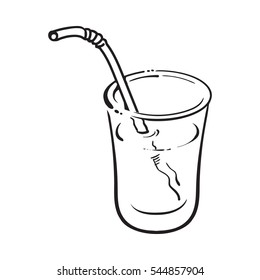 Realistic colorful hand drawn glass of freshly squeezed orange juice with straw, sketch style vector illustration isolated on white background. Hand drawing of orange juice in glass with striped straw
