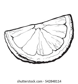 Realistic colorful hand drawn segment of ripe, juicy orange, sketch style vector illustration isolated on white background. black and white Hand drawing of quarter, piece of orange on white background