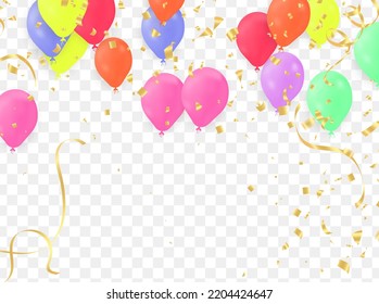 Realistic colorful helium balloons isolated on background. Party decoration frame for birthday, anniversary, celebration. message presentations or identity layouts. Graphic template and ideas.