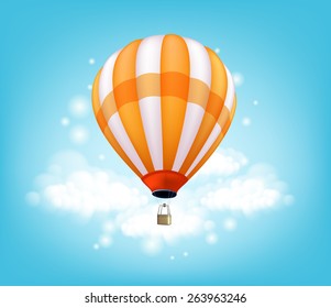 Realistic Colorful Hot Air Balloon Background Flying in the Blue Sky with Lights and Clouds with Space for Writings. Vector Illustration
