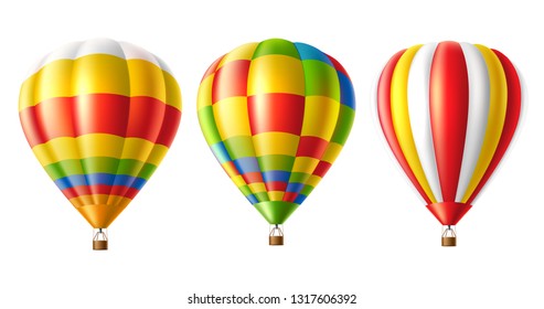 Realistic colorful hot-air balloon set. Realistic aircrafts for summer vacation poster, outdoor adventure, travelling and tourism design. Vector symbol of journey and freedom, isolated illustration