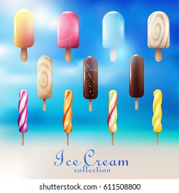 Realistic colorful ice cream set with popsicles and eskimo varieties on light blue blurred background isolated vector illustration