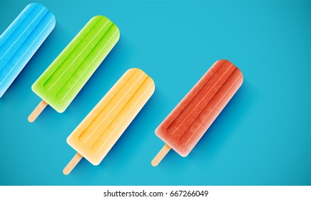 Realistic colorful ice creams on blue background, vector illustration