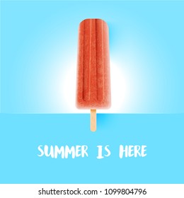 Realistic colorful icecream with 'summer is here' title, vector illustration