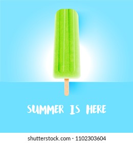 Realistic colorful icecream with 'summer is here' title, vector illustration