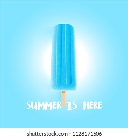 Realistic colorful icecream with 'summer is here' title, vector illustration