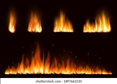 Realistic colorful image line bon fire flame with horizontal reflection smoke and sparks on black background vector illustration